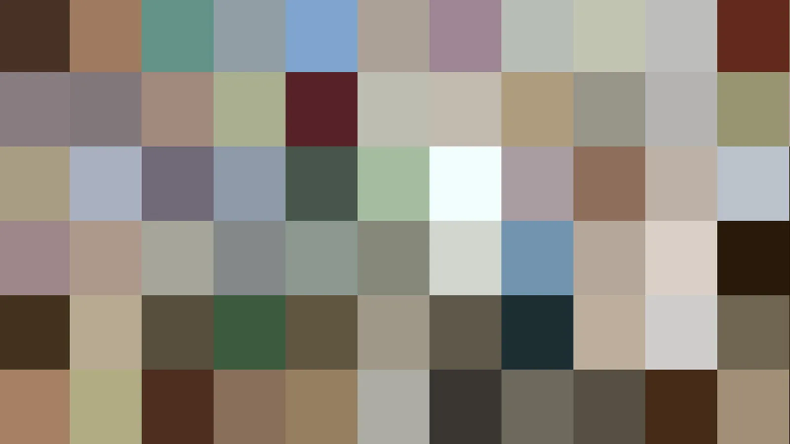 Rasterbild aus 60 rechteckigen Farbfeldern in gedämpften Tönen wie Beige, Grau, Graugrün, Braun und Blau.