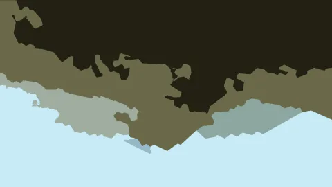 Abstrakte Komposition aus gezackten Flächen in dunklem Oliv, Khaki, Grau-Grün und Hellblau, von oben nach unten heller werdend.