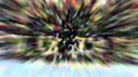 Abstrakte, bunte Streifen laufen von einem dunklen Zentrum radial nach außen, unten geht die Fläche in einen hellblauen Verlauf über.