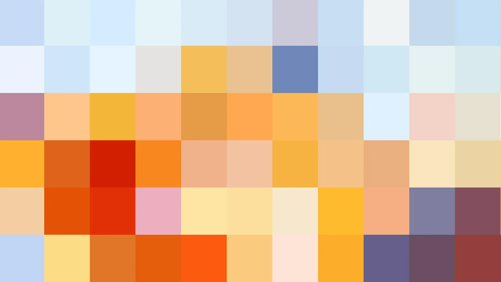 Rasterbild aus pastellfarbenen und warmen Quadraten in Orange, Gelb, Rot, Blau und Violett, in fünf Reihen angeordnet.
