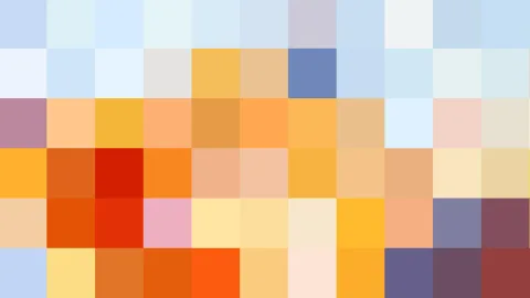 Rasterbild aus pastellfarbenen und warmen Quadraten in Orange, Gelb, Rot, Blau und Violett, in fünf Reihen angeordnet.