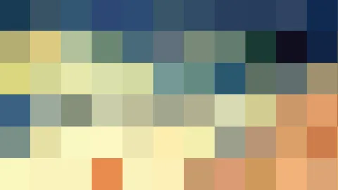 Ein Raster aus quadratischen Farbfeldern: oben dunkles Blau, in der Mitte Grün- und Grautöne, unten helles Gelb und Orange.