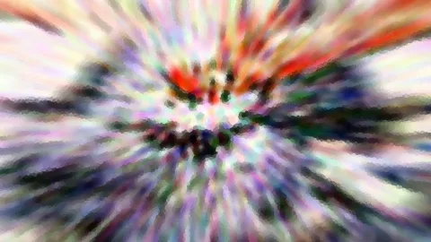 Abstraktes Bild mit radial von der Mitte nach außen laufenden Streifen in Rot, Weiß, Grün und Violett, die in einer dunklen Mitte zusammenlaufen und körnig gepixelt wirken.