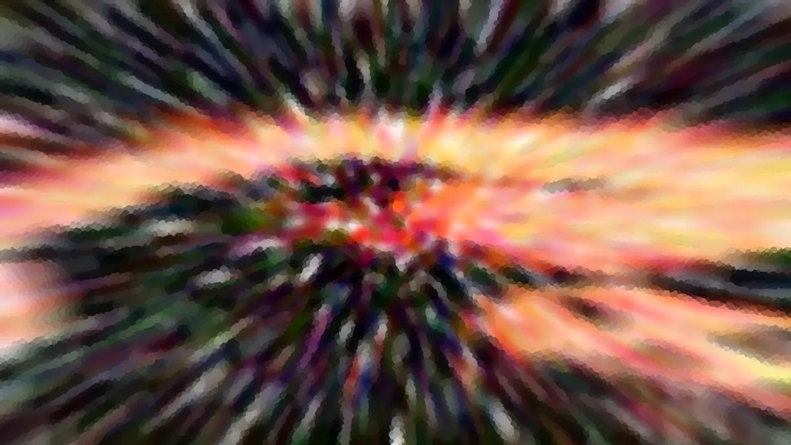Abstrakte Komposition mit radial von einem hellen Zentrum ausstrahlenden Streifen in Rot, Orange, Gelb, Grün und Dunkelblau, unscharf und pixelig verwischt.