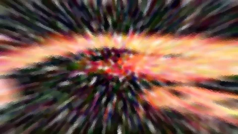 Abstrakte Komposition mit radial von einem hellen Zentrum ausstrahlenden Streifen in Rot, Orange, Gelb, Grün und Dunkelblau, unscharf und pixelig verwischt.