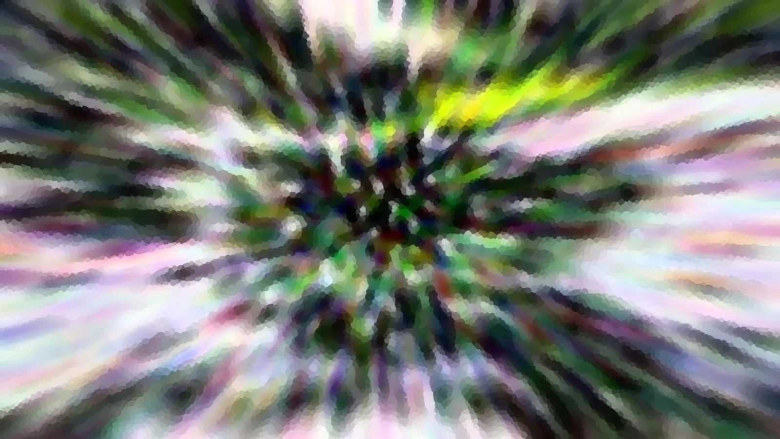 Abstrakte Komposition aus grünen, rosa und weißen Schlieren, die von einem dunklen Zentrum radial nach außen laufen, mit mosaikartiger Pixelstruktur.
