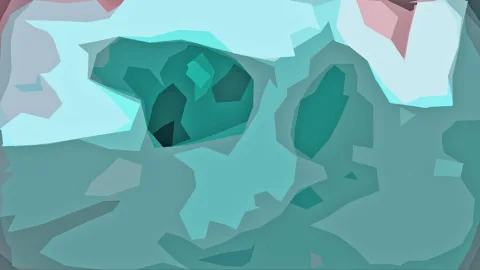 Abstrakte Komposition aus türkisen und mintgrünen Polygonflächen mit dunkleren Einschnitten und rosa Flächen in den oberen Ecken.