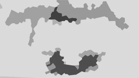 Abstrakte Komposition aus grauen, unregelmäßig geformten Flächen auf hellgrauem Grund, oben ein breites Band, unten eine kompaktere Form mit dunkleren Partien.