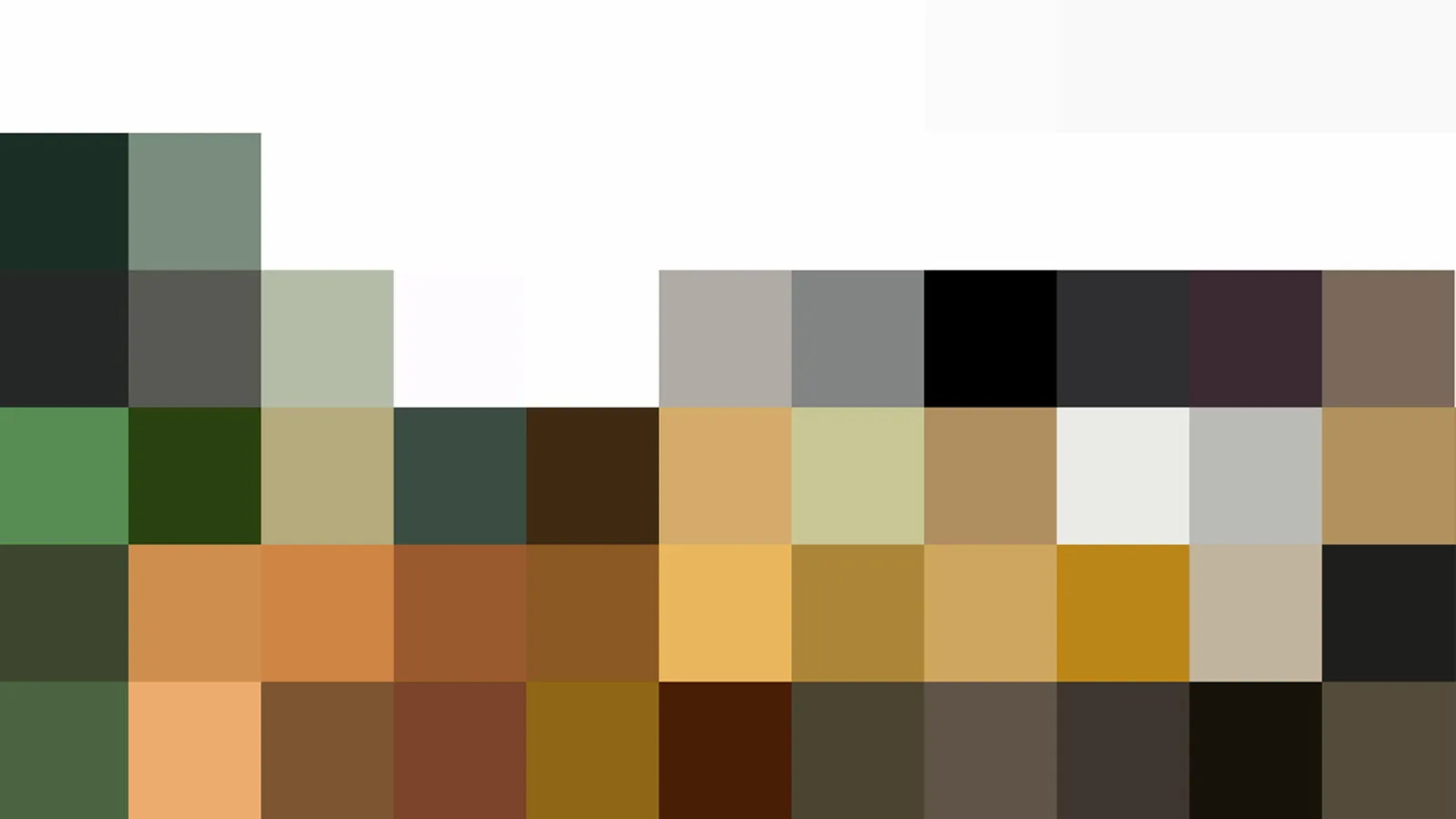 Quadratisches Farbraster aus grob gepixelten Blöcken: oben weiße Flächen, darunter Reihen in Grün, Braun, Ocker, Gelb, Grau und Schwarz.