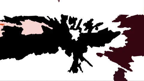 Schwarze, unregelmäßige Formen auf weißem Hintergrund, am Rand ergänzt durch rosa und dunkelrote Flächen.