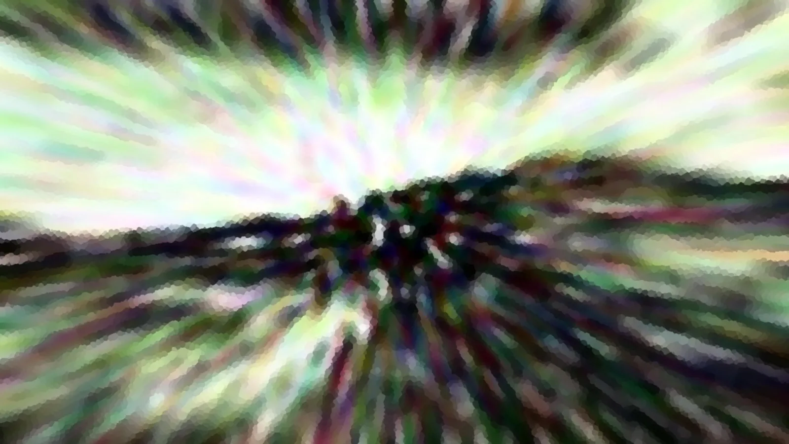 Stark verwischte Landschaft mit radialem Zoomeffekt: eine dunkle Baumgruppe am Horizont vor einem hellen, grünlich-weißen Himmel.