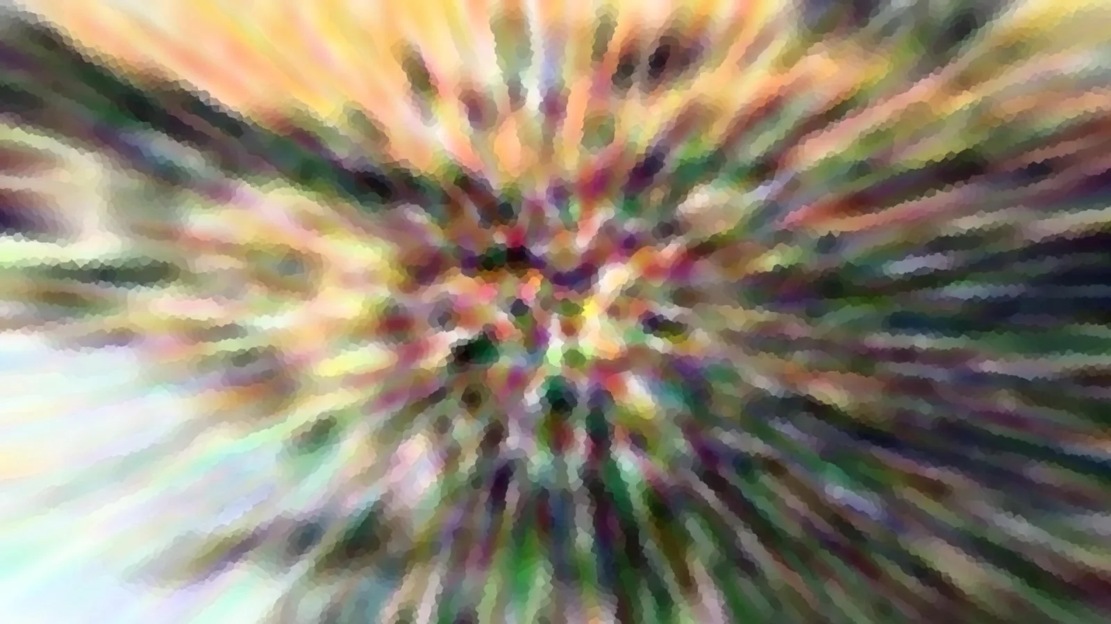 Abstraktes Bild mit bunten Farbstreifen, die von der Bildmitte radial nach außen laufen, mosaikartig verpixelt in Gelb, Grün, Violett und Rosa.