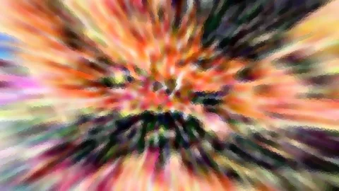 Abstrakte Farbstreifen laufen von einem zentralen Punkt radial nach außen, in Orange, Grün, Rosa und Dunkelblau.