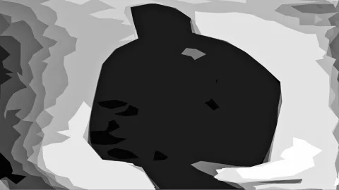 Abstrakte Komposition aus grauen und schwarzen polygonalen Flächen, im Zentrum eine große dunkle Form mit kleinen Aussparungen, außen helle Flächen mit Abstufungen.