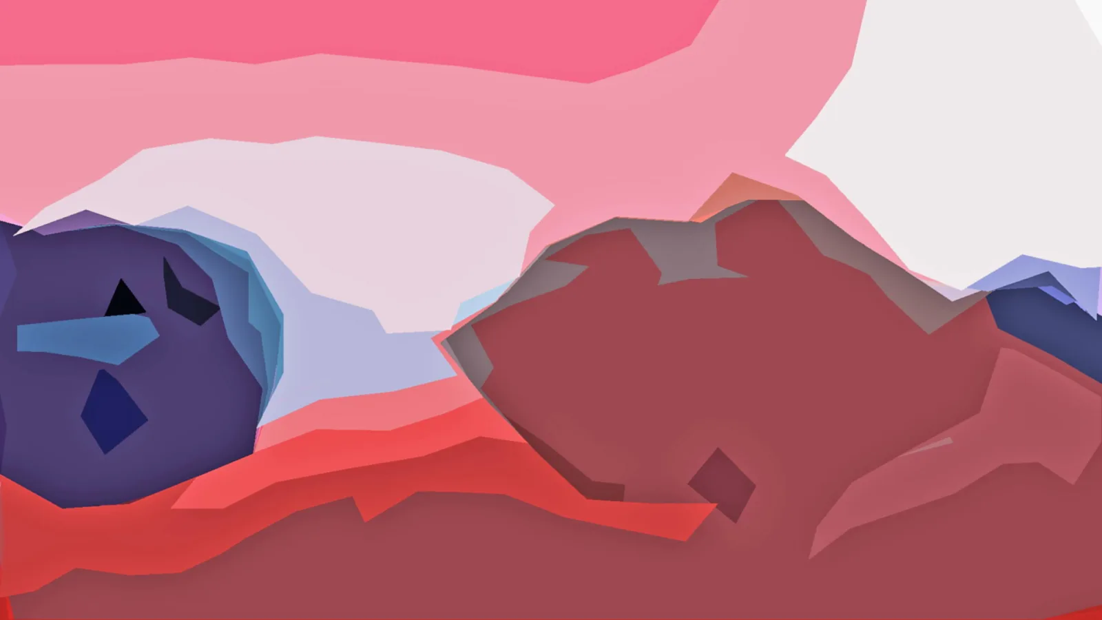 Abstrakte Komposition aus flachen, kantigen Formen in Rosa, Rot, Violett und Blau, oben rechts ein helles weißes Feld.
