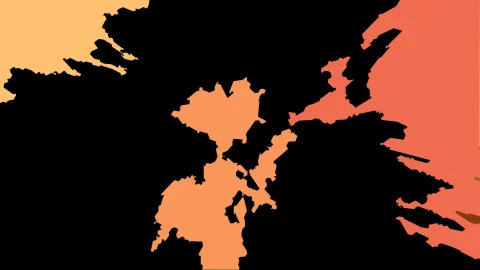 Abstrakte Komposition aus orangefarbenen, korallenroten und hellen Flächen mit unregelmäßigen Rändern auf schwarzem Grund.
