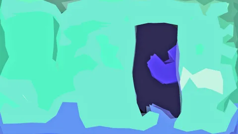 Abstrakte Komposition aus mintgrünen und blauen Flächen mit einem dunklen Rechteck in der Mitte, in dem eine violette Form liegt.