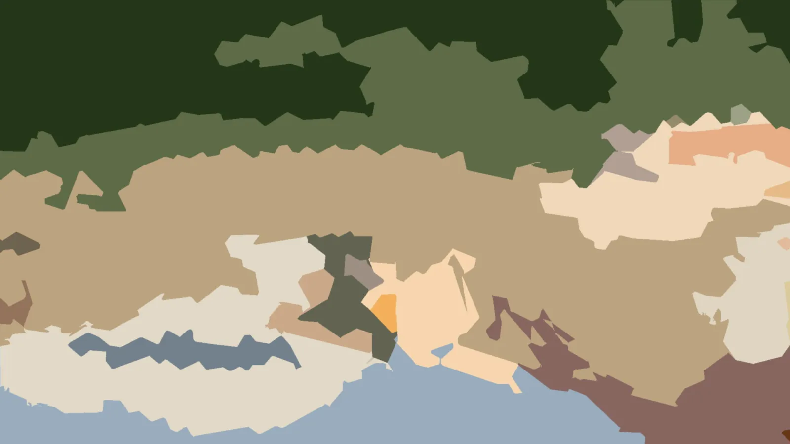 Abstrakte Komposition aus flachen, unregelmäßigen Farbflächen in Dunkelgrün, Beige, Braun und Blaugrau, unten links ein blaugraues Band, oben ein dunkles Grün.