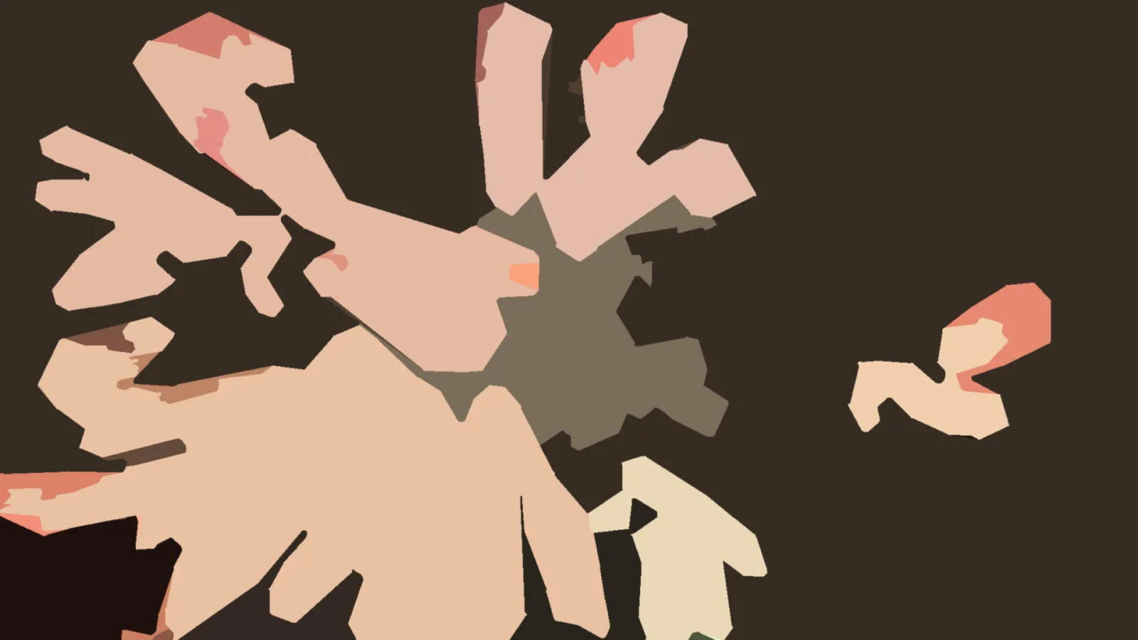 Abstrakte Komposition aus flachen, beige und rosafarbenen Formen auf dunkel braunem Grund, links und unten dicht gruppiert, rechts eine kleine Gruppe.