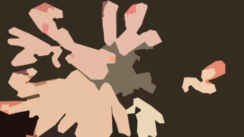 Abstrakte Komposition aus flachen, beige und rosafarbenen Formen auf dunkel braunem Grund, links und unten dicht gruppiert, rechts eine kleine Gruppe.
