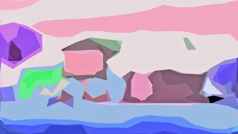 Abstrakte Komposition aus kantigen, flachen Formen in Rosa, Violett, Blau und Grün vor hellem Hintergrund.