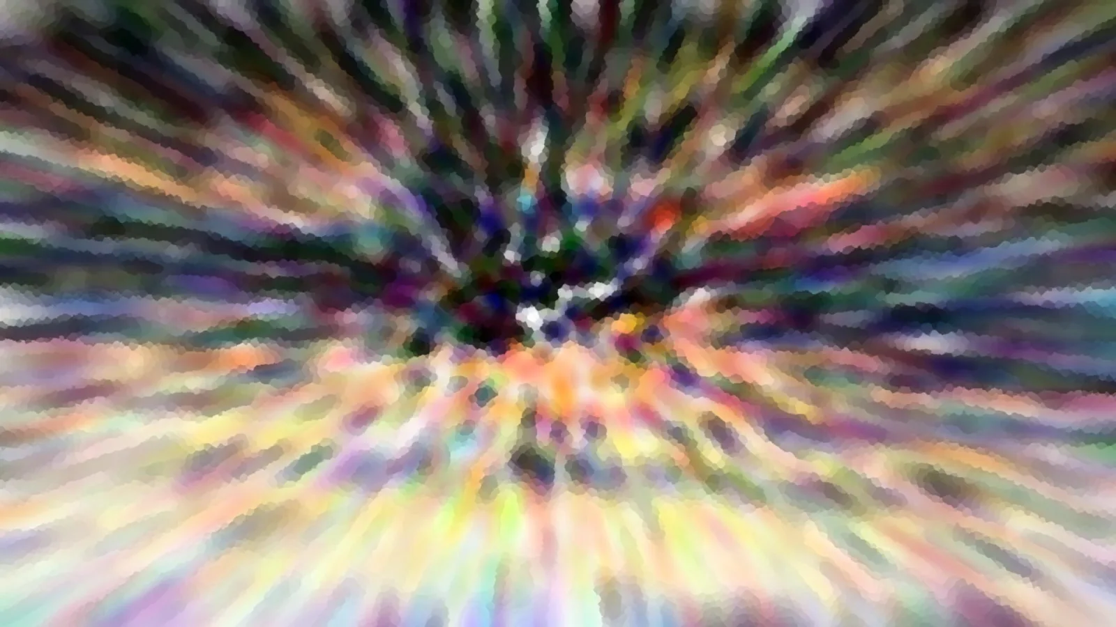 Abstrakte Komposition aus bunten, verwischten Farbstreifen, die von einem dunklen Zentrum radial nach außen strahlen, mosaikartig gepixelt.