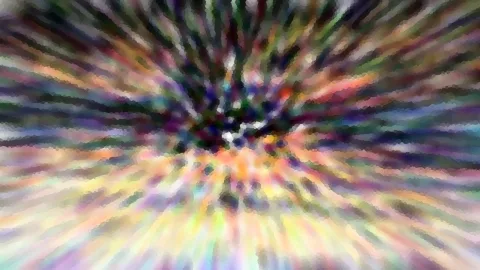 Abstrakte Komposition aus bunten, verwischten Farbstreifen, die von einem dunklen Zentrum radial nach außen strahlen, mosaikartig gepixelt.