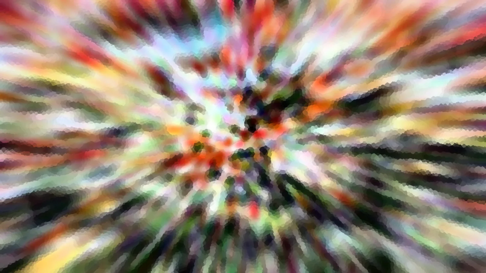 Abstraktes Bild mit radial von der Mitte nach außen laufenden, bunten Streifen in Rot, Gelb, Grün und Weiß, leicht pixelig gerastert.