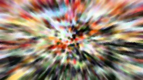 Abstraktes Bild mit radial von der Mitte nach außen laufenden, bunten Streifen in Rot, Gelb, Grün und Weiß, leicht pixelig gerastert.