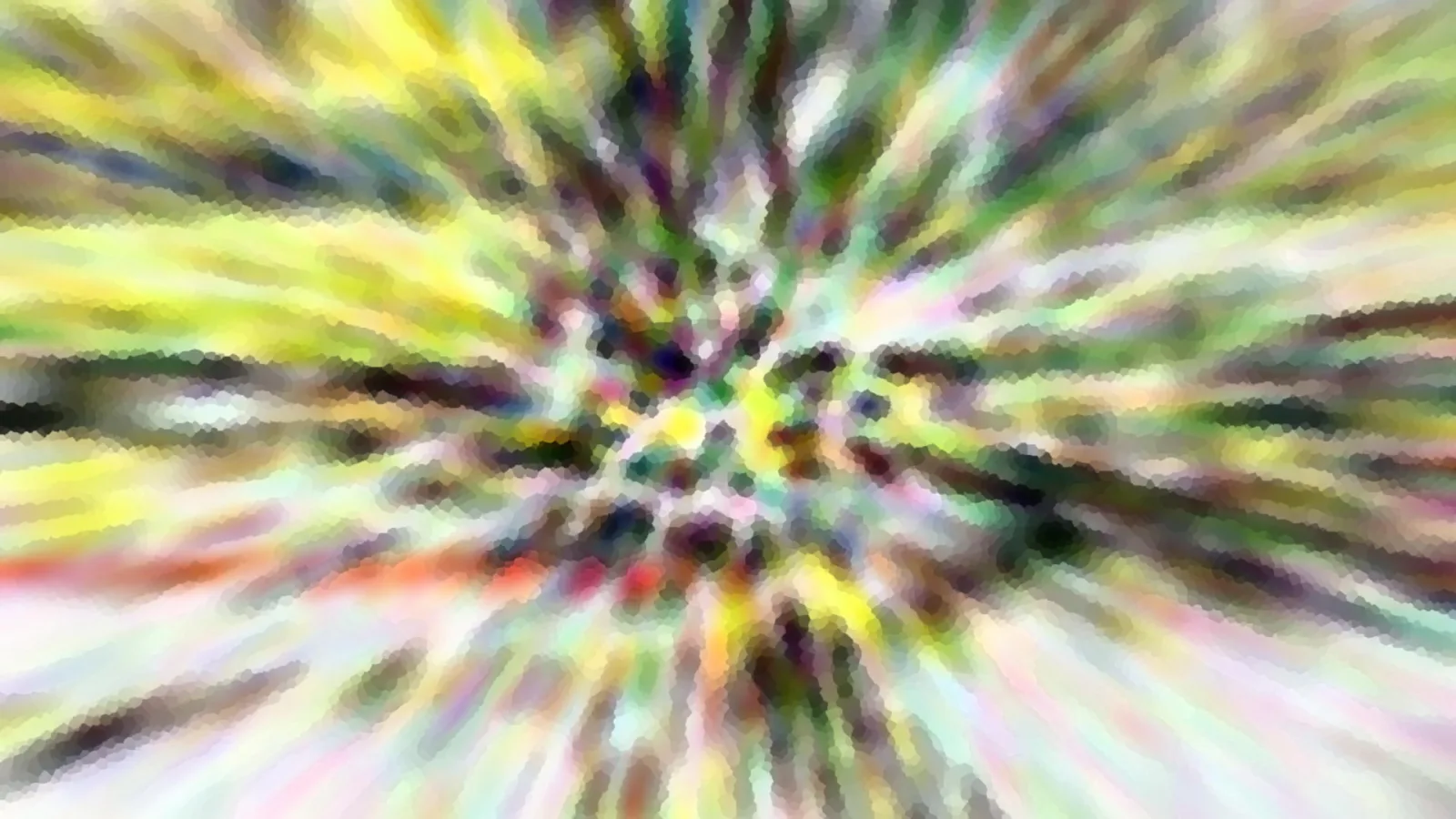 Abstrakte Komposition aus strahlenförmig von einem Zentrum ausgehenden Schlieren in Gelb, Grün, Weiß und Rosa, mit mosaikartiger Pixelstruktur.