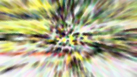 Abstrakte Komposition aus strahlenförmig von einem Zentrum ausgehenden Schlieren in Gelb, Grün, Weiß und Rosa, mit mosaikartiger Pixelstruktur.