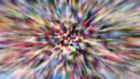 Abstrakte Komposition aus bunten, radial angeordneten Farbstreifen mit mosaikartigem Muster, die von der Mitte nach außen strahlen.