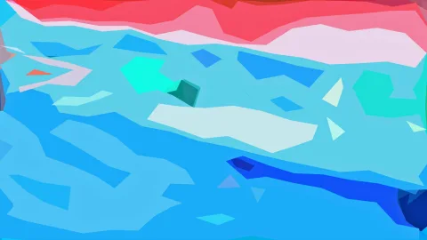 Abstrakte Komposition aus blauen, türkisen und roten Polygonflächen, oben ein roter Streifen, in der Mitte ein helles Band.