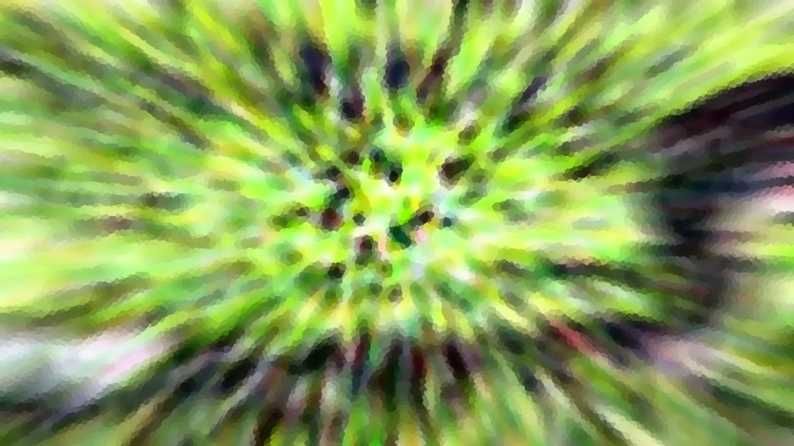 Abstrakte Komposition aus grünen und gelben Streifen, die von einem dunklen Zentrum radial nach außen laufen, pixelig verwischt.