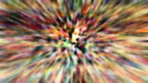 Abstrakte Komposition aus bunten, unscharfen Farbstreifen, die von einem hellen Zentrum radial nach außen strahlen.