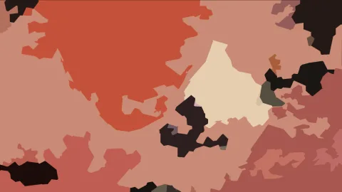 Abstraktes Muster aus flachen, unregelmäßigen Formen in Rot, Orange, Creme und Schwarz.