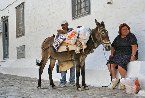 Ein brauner Esel mit Packtaschen steht auf einer gepflasterten Gasse vor einer weiß getünchten Hauswand, links daneben ein Mann mit Kappe, rechts sitzt eine Frau auf einer Mauerbank und hält das Zaumzeug.