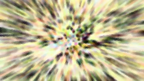 Abstrakte Komposition aus radial von der Mitte nach außen laufenden Streifen in Gelb, Grün und Pastelltönen, mit mosaikartiger Pixelstruktur und dunklen Schlieren.