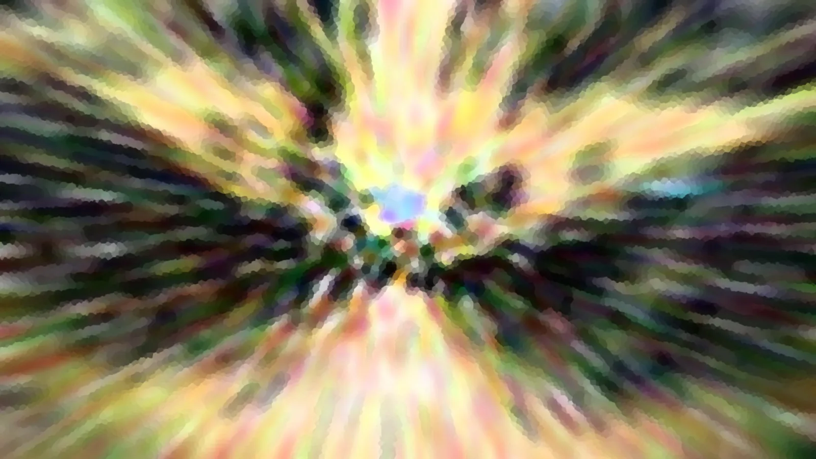 Abstrakte Komposition aus farbigen Streifen, die von einem hellen blauen Punkt in der Bildmitte radial nach außen laufen, in Gelb, Grün, Rosa und Dunkelviolett.