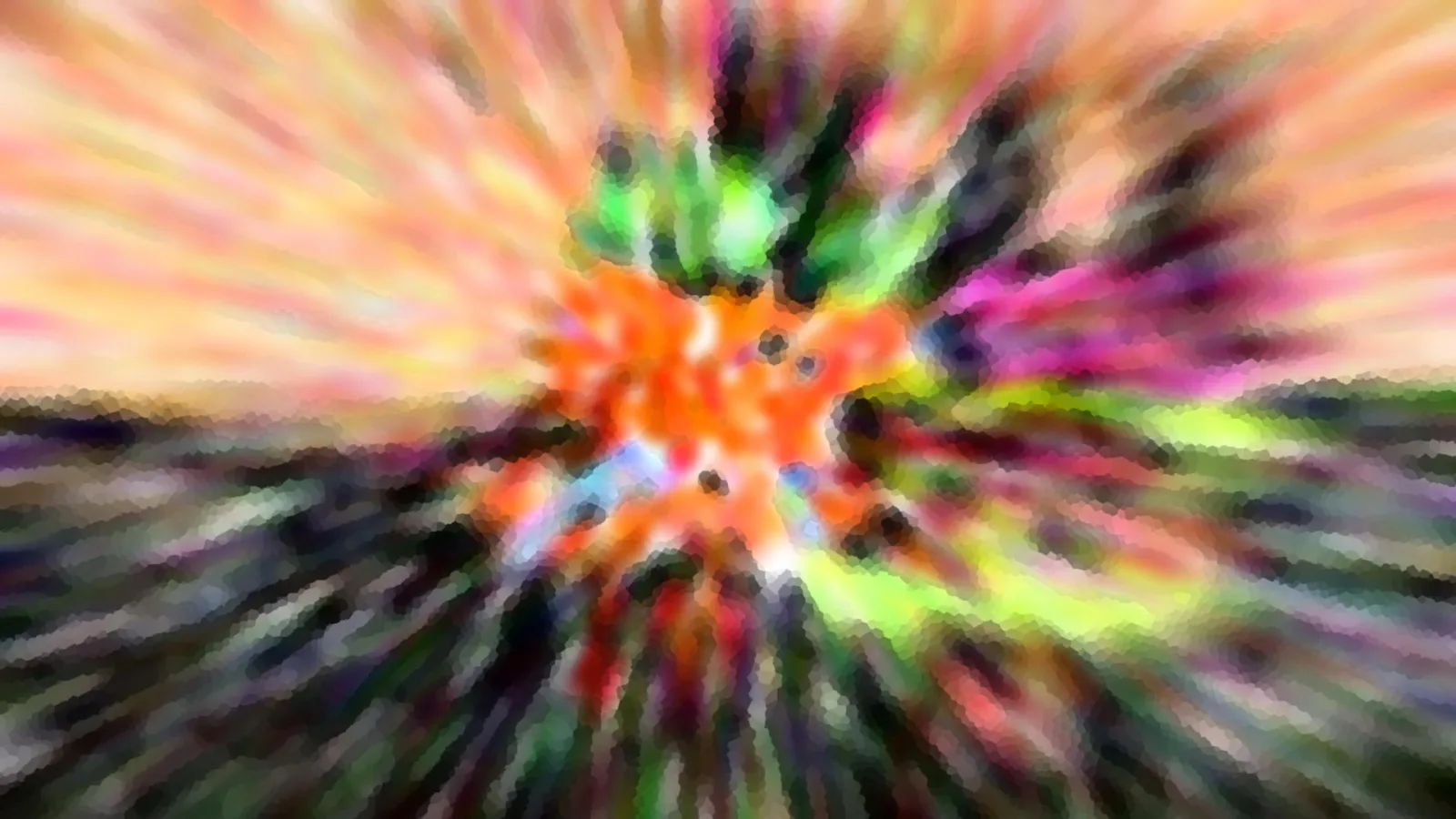 Abstrakte Komposition mit radialer Unschärfe: Im Zentrum leuchtet Orange, umgeben von grünen, pinken und gelben Streifen, die nach außen strahlen.