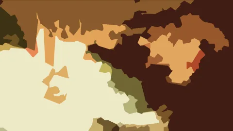 Abstraktes Bild aus unregelmäßigen Farbflächen in Creme, Braun, Ocker, Olivgrün und Rotorange, dicht gedrängt im linken Bereich und dunkler zum rechten Rand.