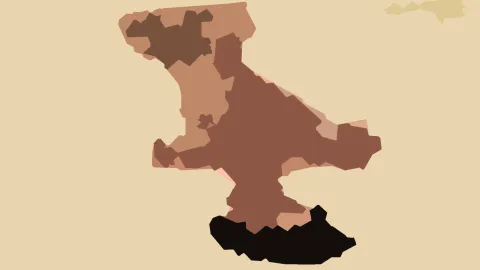 Abstrakte Komposition aus braunen und rötlichen Flächen auf beigem Grund, unten ein große schwarze Form.