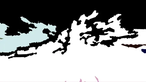 Abstraktes Bild mit großen weißen Flächen, schwarzen Konturen und einzelnen hellblauen, grauen und rosafarbenen Formen vor einem schwarzen Hintergrund.