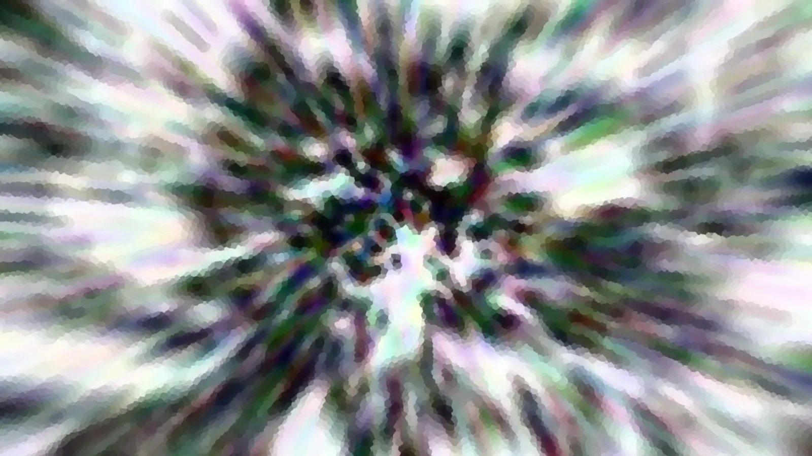 Abstrakte radiale Unschärfe mit grünen, violetten und weißen Streifen, die von einem dunklen Zentrum nach außen laufen.