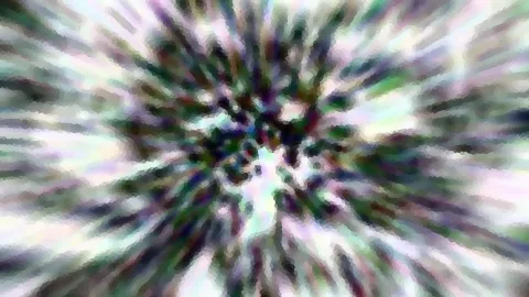 Abstrakte radiale Unschärfe mit grünen, violetten und weißen Streifen, die von einem dunklen Zentrum nach außen laufen.