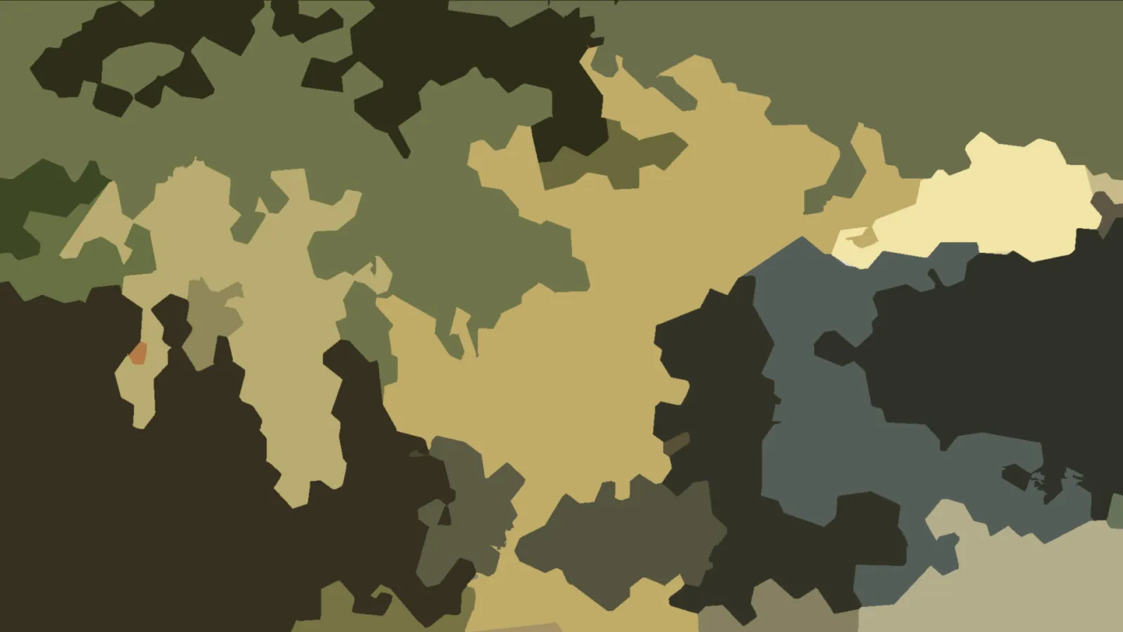 Abstraktes Muster aus unregelmäßigen, zackigen Flächen in Oliv, Khaki, Anthrazit und Graublau mit einem kleinen orangefarbenen Fleck links unten.