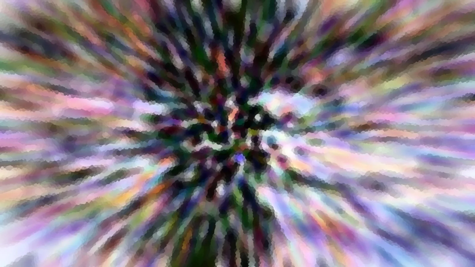 Abstrakte Komposition aus bunten, verwischten Farbstreifen, die von einem dunklen Zentrum radial nach außen strahlen.