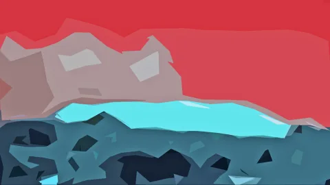 Abstrakte Landschaft mit rotem Himmel, grauen Felsformen und einem türkisfarbenen Eisband vor dunkelblauen Flächen im Vordergrund.