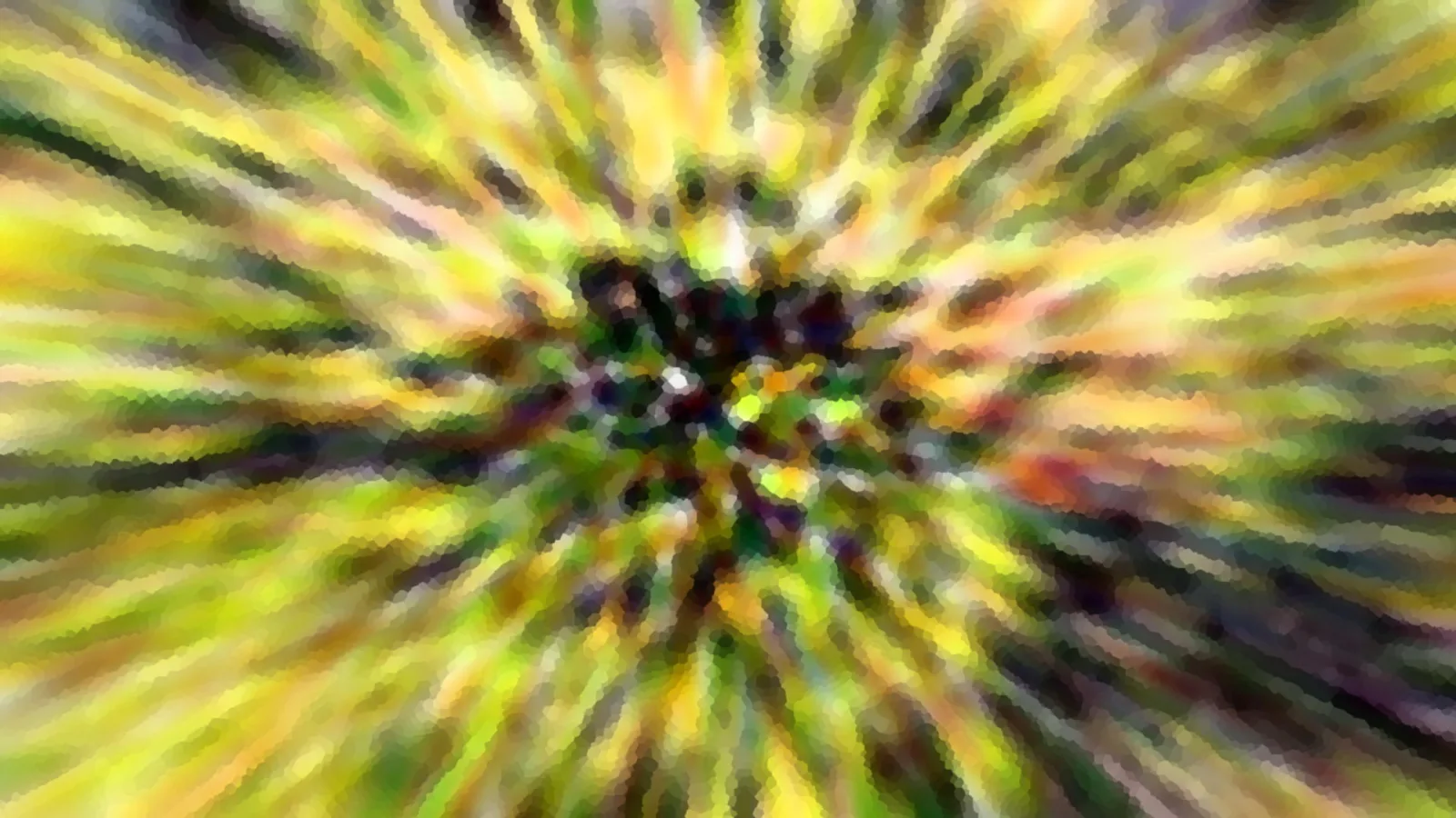 Abstraktes Bild mit radialem Zoom-Effekt in Gelb, Grün und Dunkelgrau. Farbstreifen laufen von einem dunklen Zentrum nach außen.