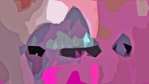 Abstrakte Komposition aus rosa, violetten und grauen Facetten mit dunklen Aussparungen, die an Augen und Mund erinnern.